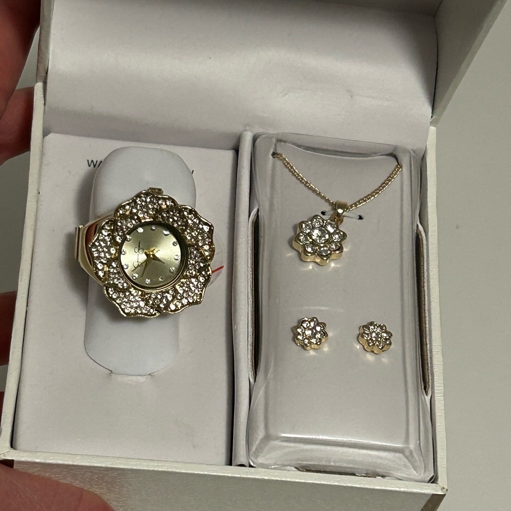 Jessica Simpson Ring Watch, Necklace, and Earrings Jewelry Set